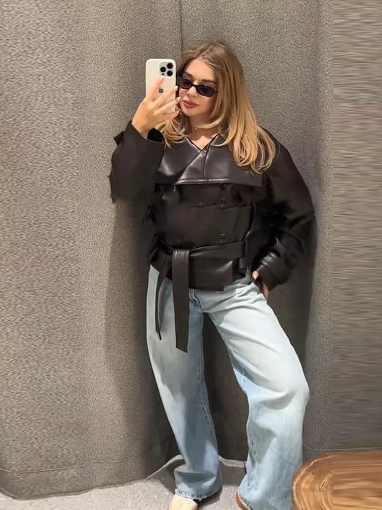 Giacca vintage in ecopelle da donna Colletto rovesciato solido Cappotti monopetto 2025 Cappotto casual chic da donna all'inizio dell'autunno 3