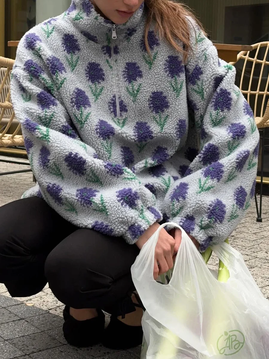 Bornladies Women's Autumn Winter New Fleece Jacquard Sweatshirt Half Zip Loose Hoodies High Neck Sweatshirt