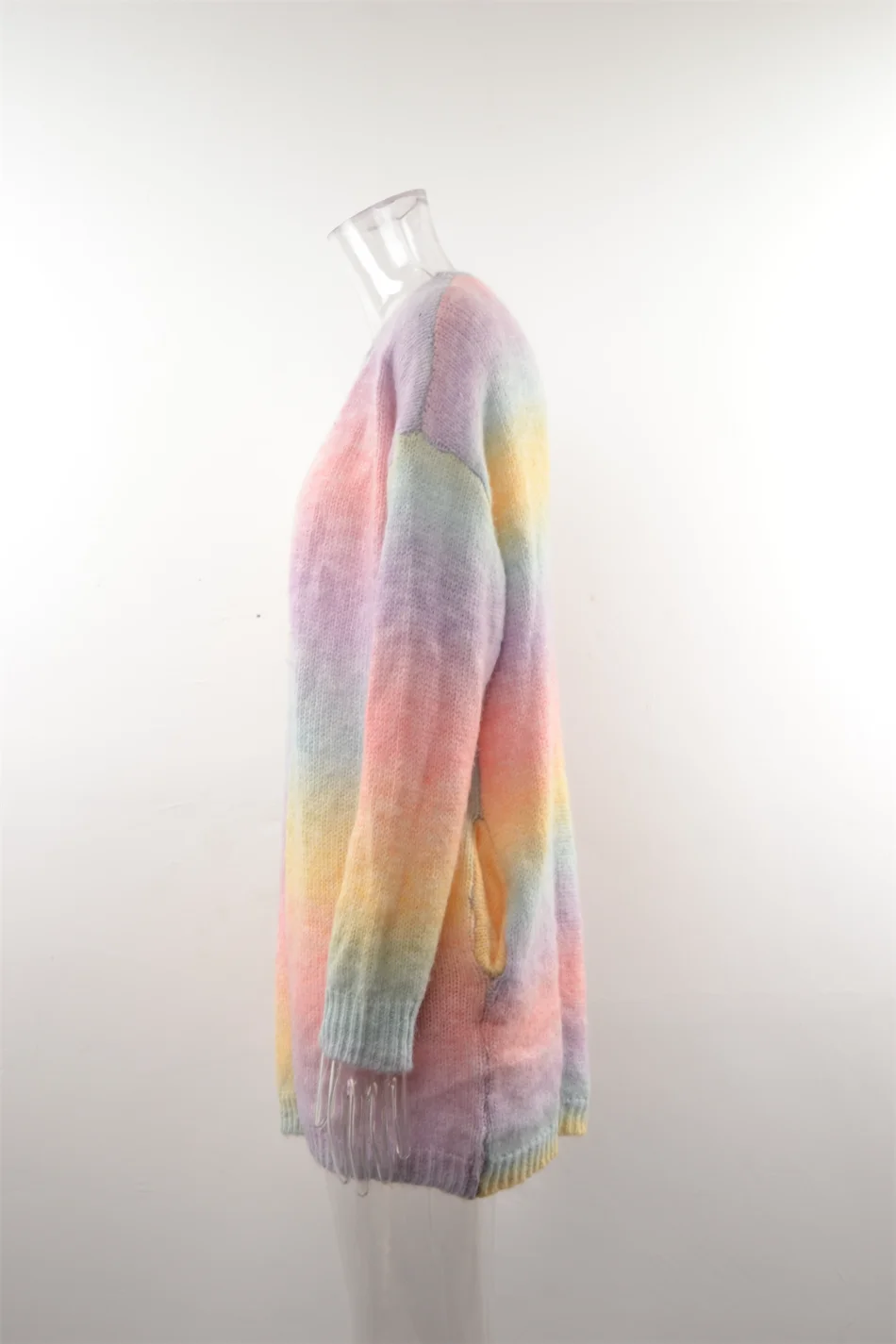 2024 New Winter European American Sweaters Rainbow Tie-dye Mid-length Oversized Cardigan Women Knitwear Jacket Long Sleeved Tops