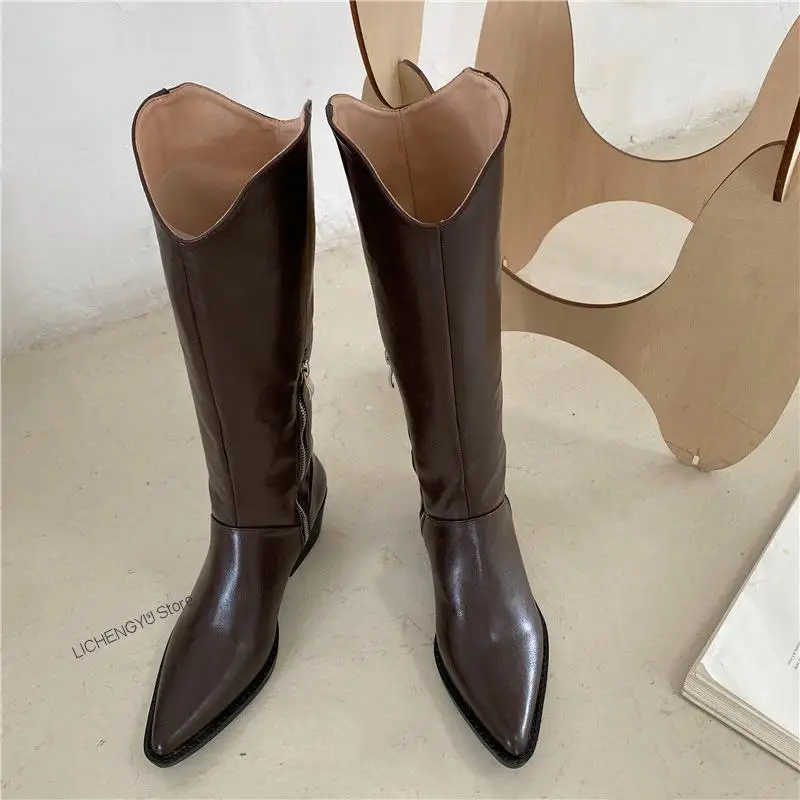 New Women Cowboy Boots Pointed Toe Women's Shoes Soft Leather Shoes Riding Over The Knee Boots