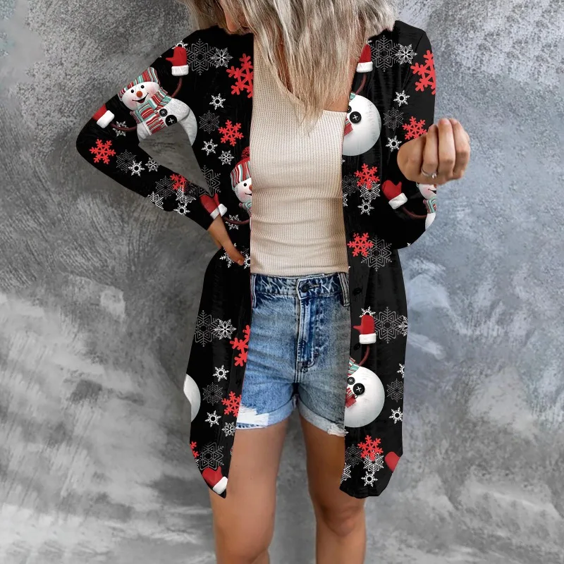 

Spring and Autumn Women's Cardigan Christmas Contrast Print Button Long Sleeve Polka Dot T-shirt Fashion Casual Mid Length Tops