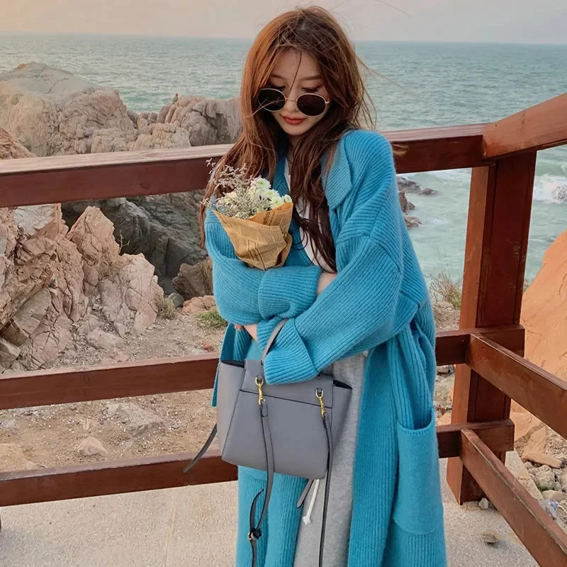 

Blue Lapel Long Sweater Women's Autumn and Winter Soft Waxy Loose Knitted Cardigan Jacket Korean Fashion Casua Coat Sueters 2023