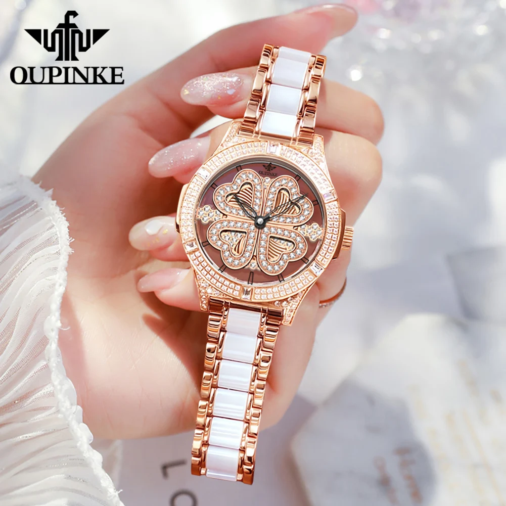OUPINKE 3279 Women Watch Four Leaf Clover Transparent Dial Ceramic Strip 50m Waterproof Sapphire Mirror Fashion Quartz Watch 5