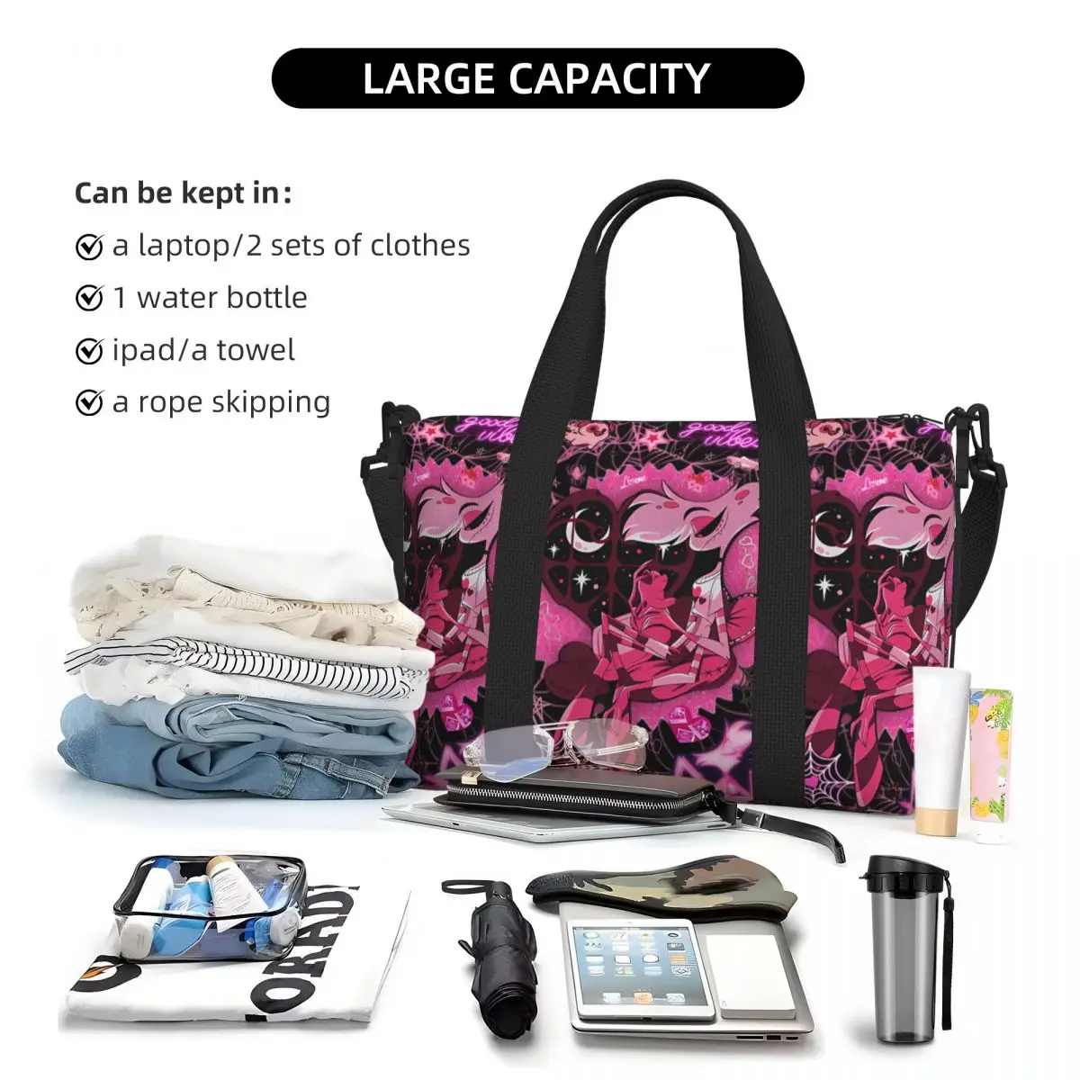 Large Hotels Anime Hazbin Manga Tote Bag Women Cartoon Shoulder Shopping Beach Gym Travel Bag