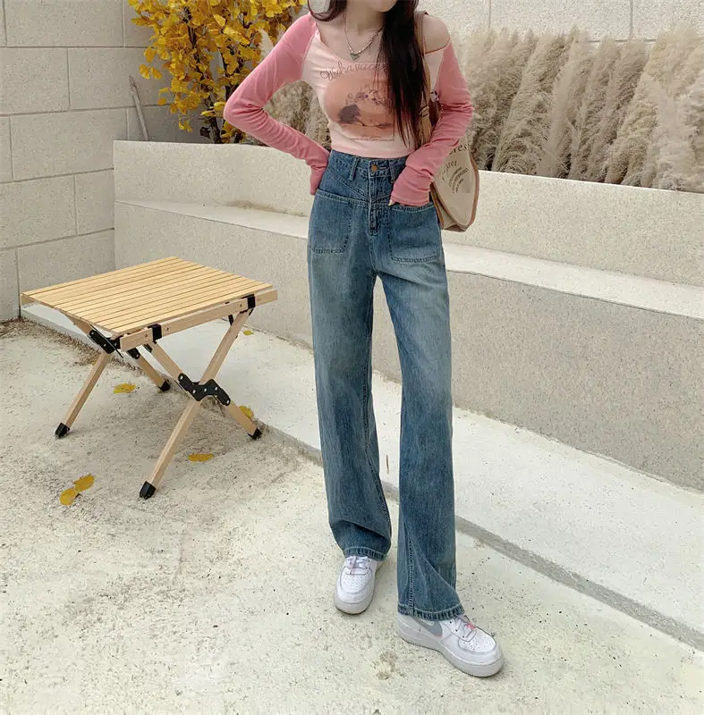 

Spring And Autumn 2023 Ladies High-Waisted Straight Leg Pants Niche Loose Casual Solid Color Vertical Lady Wide-Leg Pants