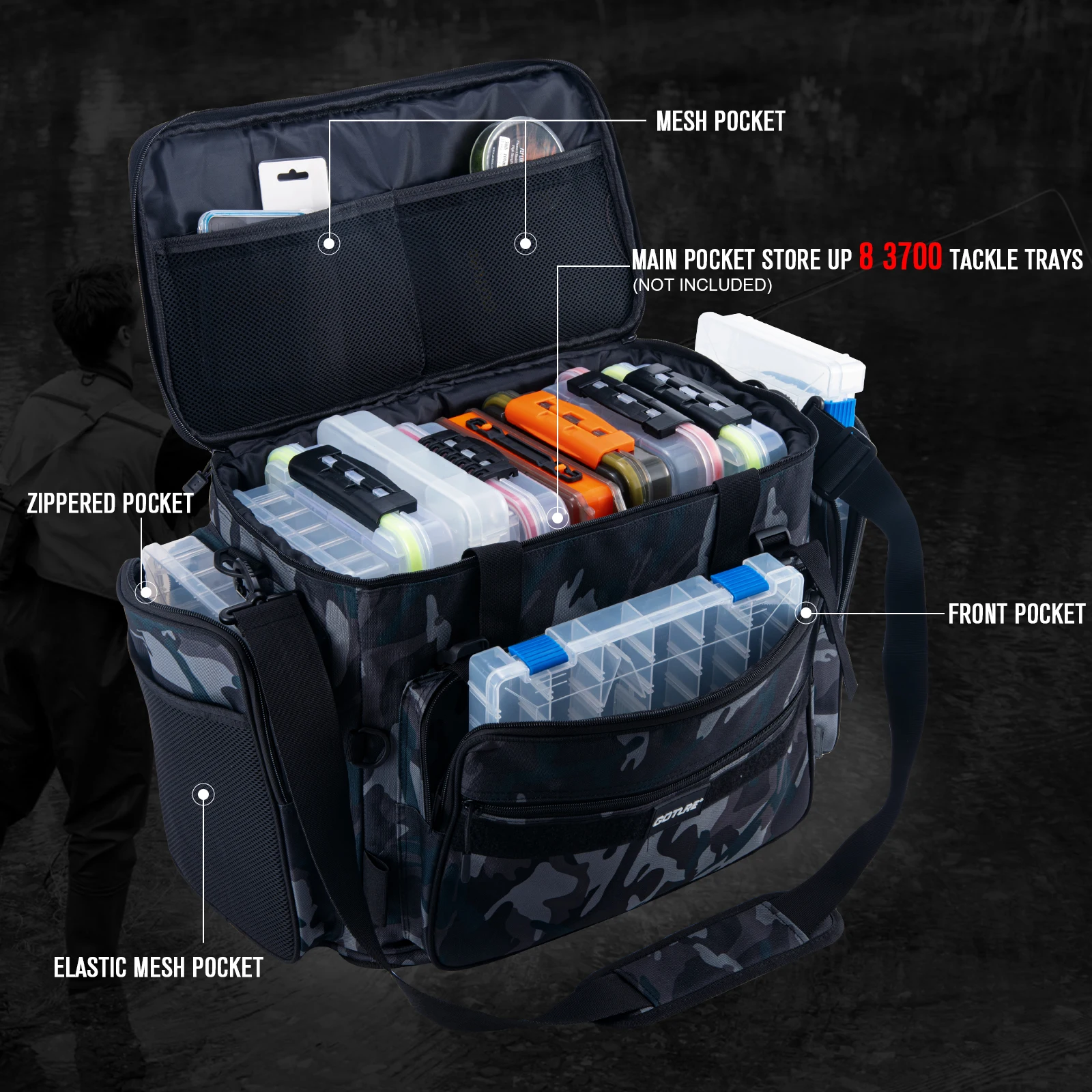 Goture-多機能屋外釣りバッグ,大容量,防水,釣り道具用,600dオックスフォード生地,45x25x38cm Goture-多機能屋外釣りバッグ,大容量,防水,釣り道具用,600d