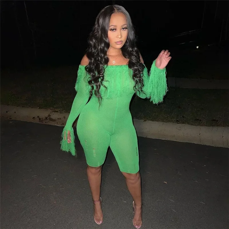 Women Solid Tassel Knitted Playsuits Sexy Slash Neck Off Shoulder Long Sleeve High Stretch Slim Rompers Party Club Overalls