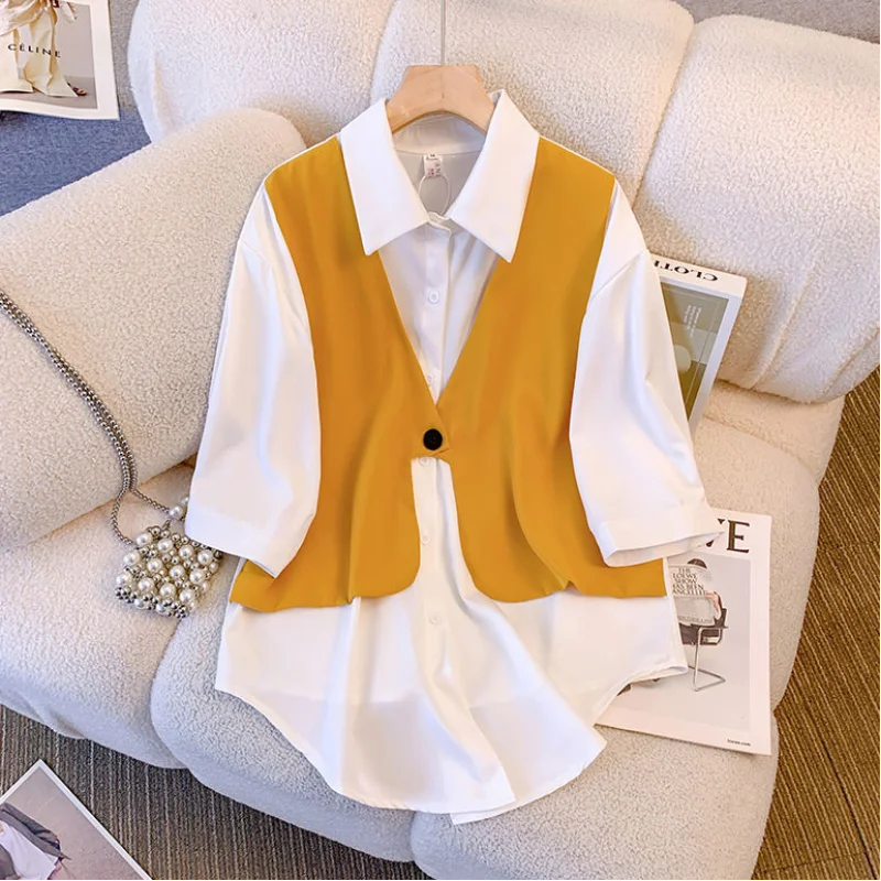 Summer Western Style Vest Splicing Fake Two-piece Age Reducing Slimming Shirt Fashion Wide Leg Shorts Two-piece Set