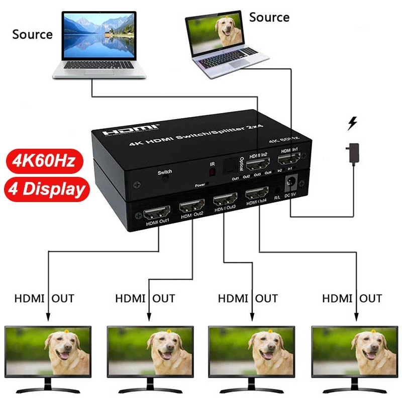 Фото 2x2 2x4 HDMI переключатель сплиттер 2 в 4 Выход 3D SPDIF 3,5 мм аудио экстрактор видео конвертер для PS4 DVD ноутбука ПК для ТВ проектора 4k60 №2