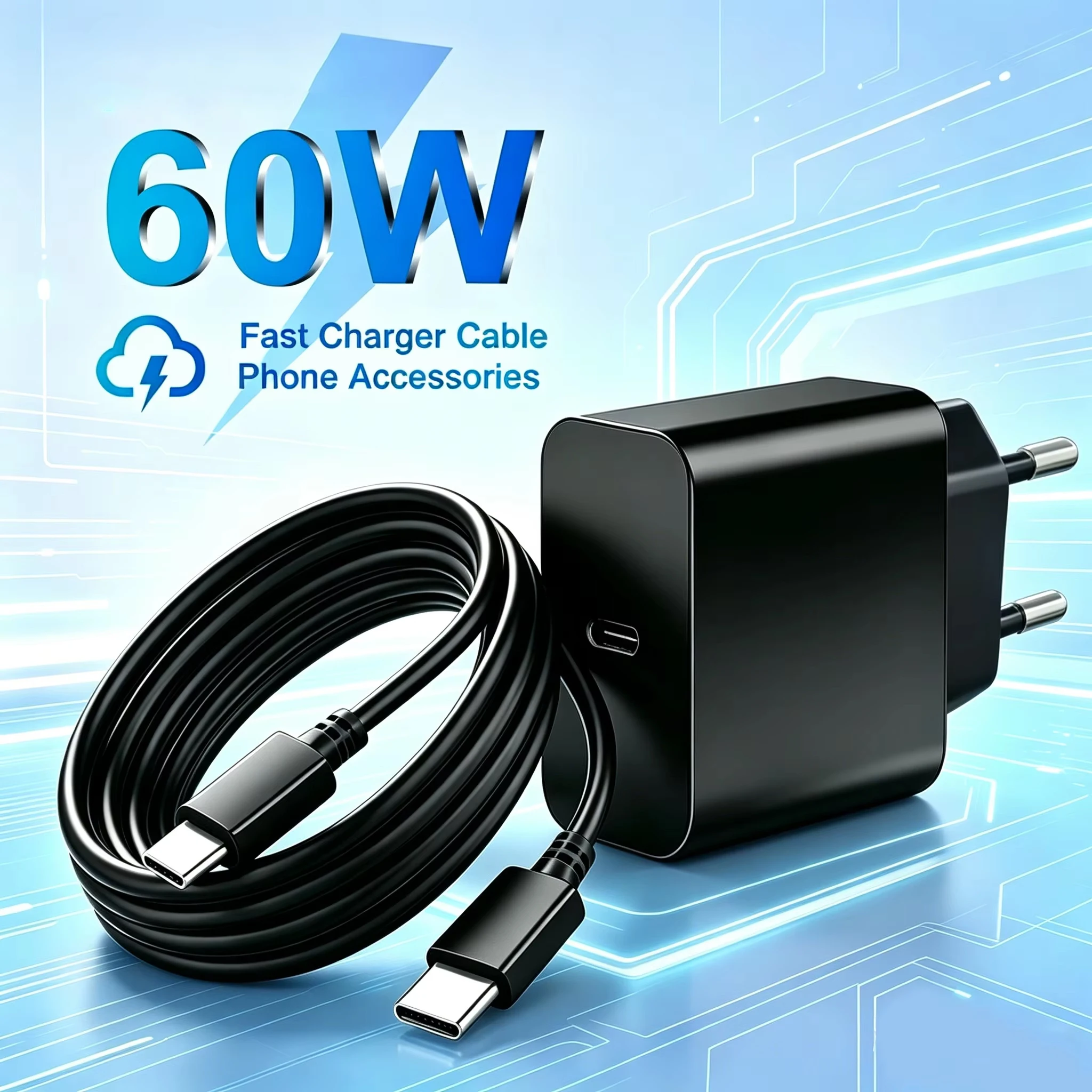 High-Power 60W PD Charger with EU Plug and 5A Type-C Cable