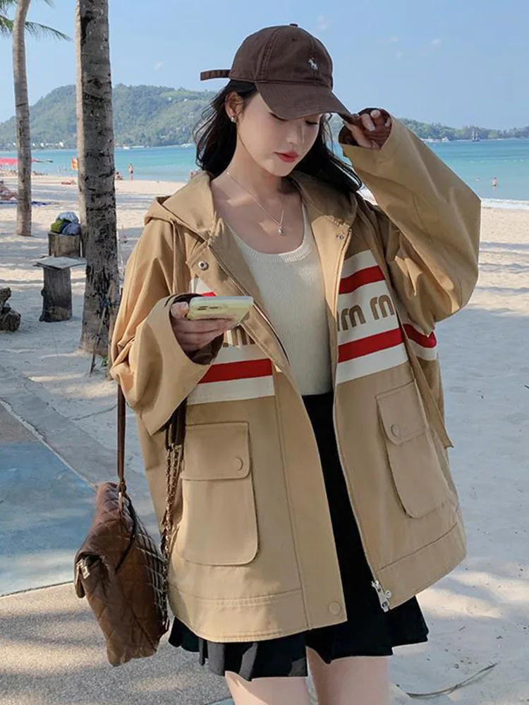 

Color blocking coat windbreaker jacket for women's spring 2024 new patchwork hood Korean fashion trend Trench coat