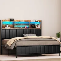 Queen Size Bed Frame with Storage, Upholstered Shelves Headboard Outlets with Charging Ports and Colorful LED Lights 1