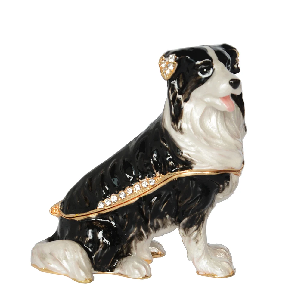 Border Collie Bejeweled Hinged Trinket Jewelry Box Miniature Dogs Sculpture Birthday Gift