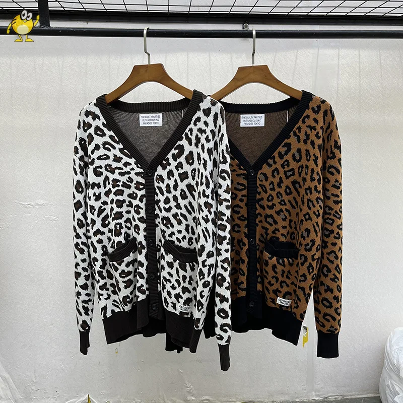 

Leopard Cardigan V-Neck WACKO MARIA Knitting Sweatshirts Oversized Men Woman Casual Couple White Brown Sweater