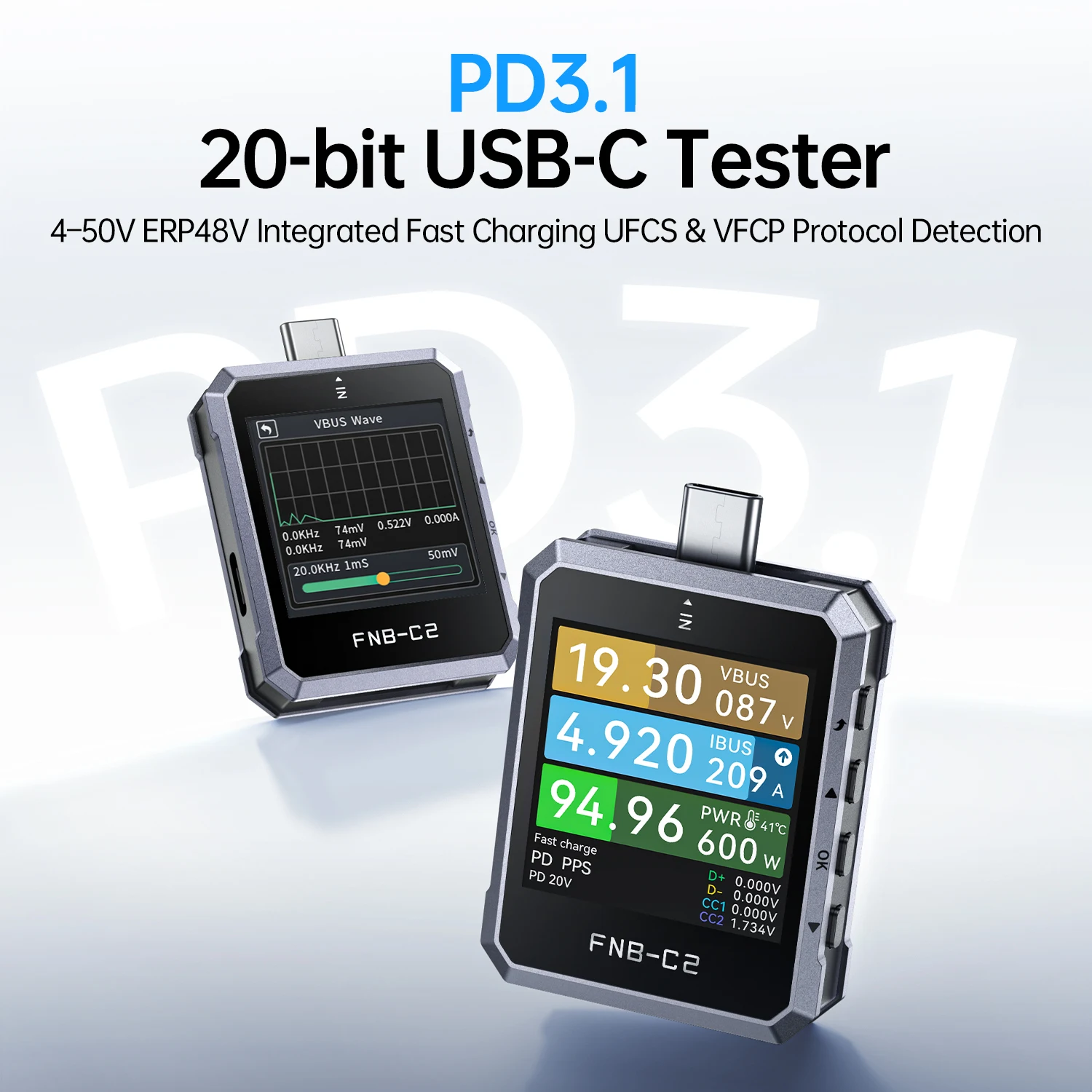 FNIRSI FNB-C2 휴대용 타입-C 고속 충전 측정 PD3.1 QC5.0 240W 최대 출력 디지털 보조배터리 / 휴대폰 / 충전기 테스트