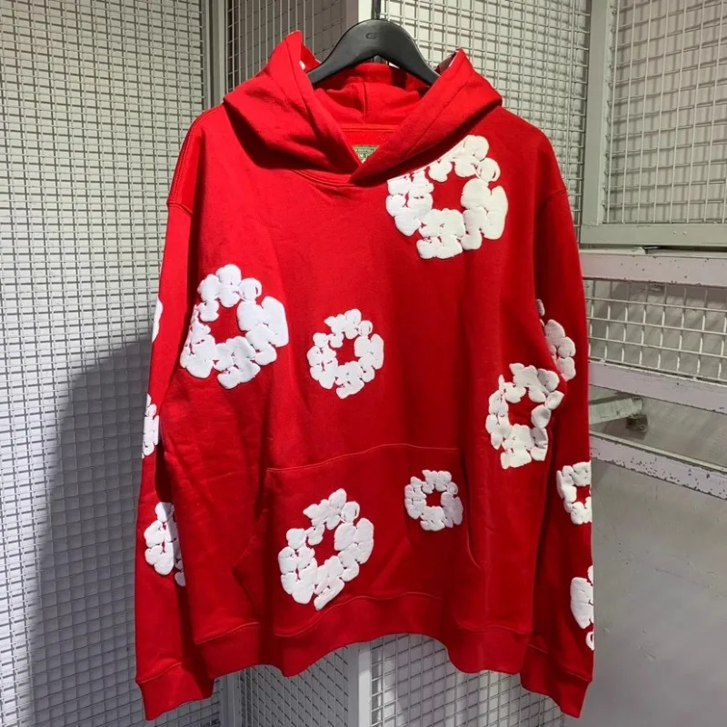 

Vintage Red Puff Foam Print DENIM TEARS Cotton Wreath Label Hoodie Men Women Sweatshirts Fleece Kapok Loose Leisure Pullovers