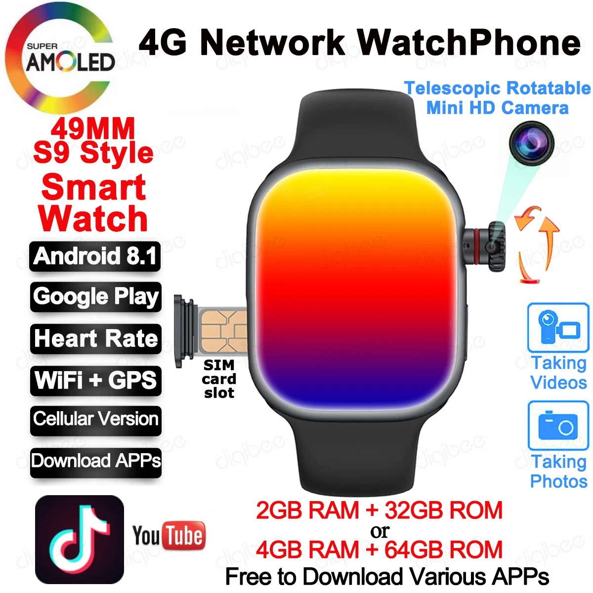 AMOLED 4G SIM Cellular WiFi GPS 49MM NFC Google Pay