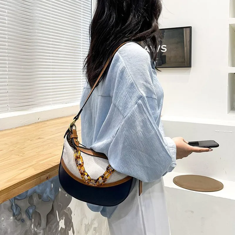 Shoulder Bags For Women 2023 New  Trend Fashion Canvas Leather Handbag Female Chain Half Moon Armpit Bag Free Shipping