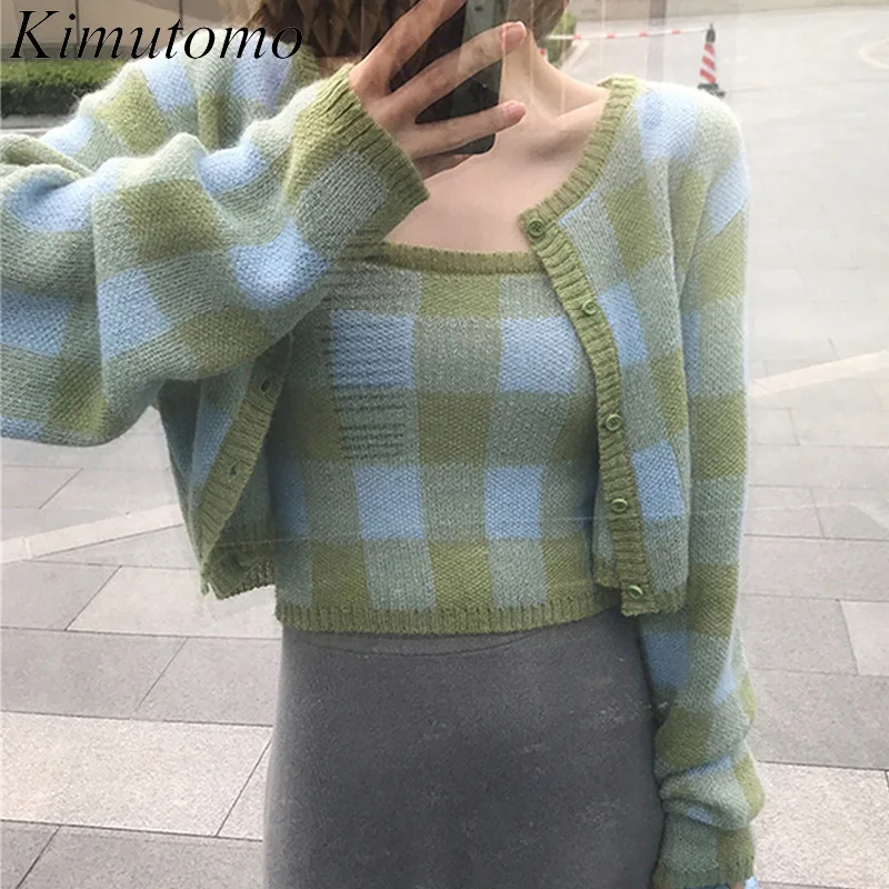 Kimutomo Casual Plaid Two Piece Set Women Early Autumn Hong Kong Fashion Long Sleeve Short Cardigan Knitwear Chic Sling Top