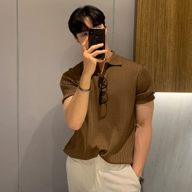 Men's Summer Ice Silk Vintage Knit Polo Shirts T-Shirts Tops Blouse Undershirt Y2K Harajuku Japan Women Korean Clothes 2024