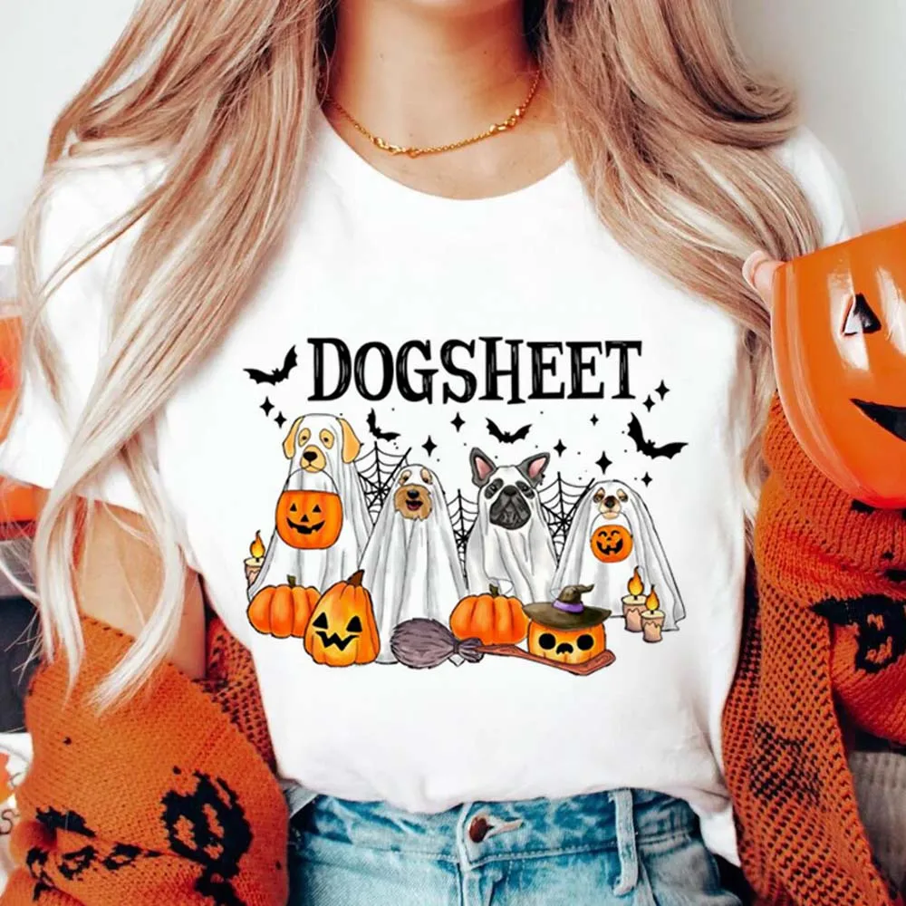 

Retro Dog Sheet Funny Halloween Ghost Dog Fashion O-Neck Fun Cartoon Print Pattern Short Sleeve Print Style Halloween T-Shirt.