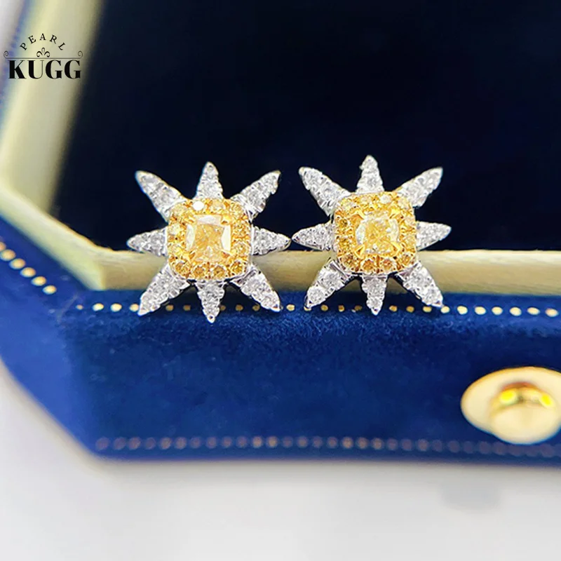 

KUGG 18K White Gold Earrings Real Natural Yellow Diamond Earrings Fashion Octagonal Shape Exquisite Wedding Jewelry for Women