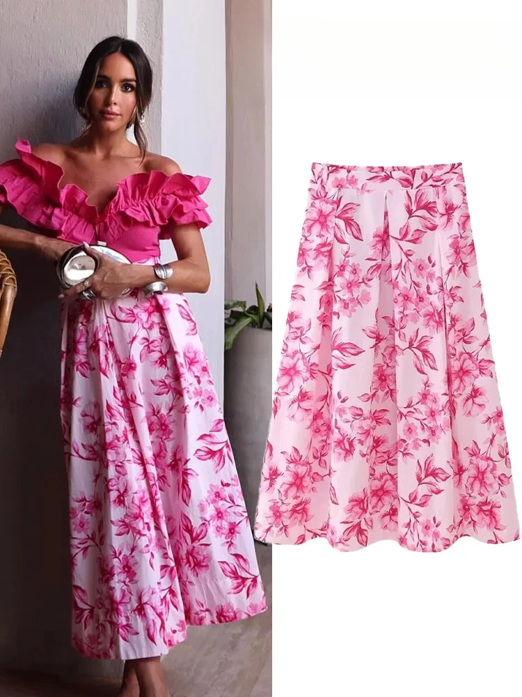 

ASDs women elegant chic high waist long skirt woman vintage floral print back zipper fold decorated slim casual skirt Y2K