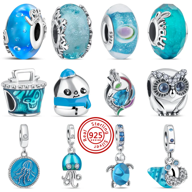

New 925 Silver Sky Blue Sparkling Charm Fit Pandora Original 925 Charms Bracelet Jellyfish Turtle Snowflake Snowman Bead Jewelry