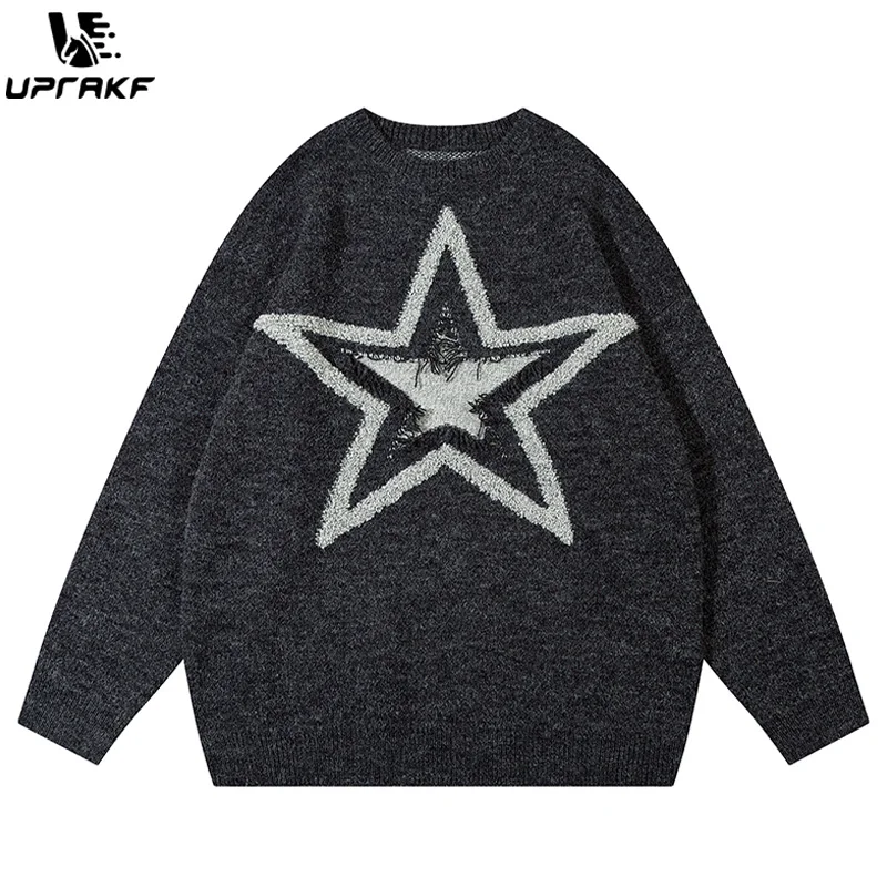 

UPRAKF Embroidered Star Sweater Loose Long Sleeves Fashion O Neck Trendy Pullovers Simple Design Warm Autumn Knitted Casual