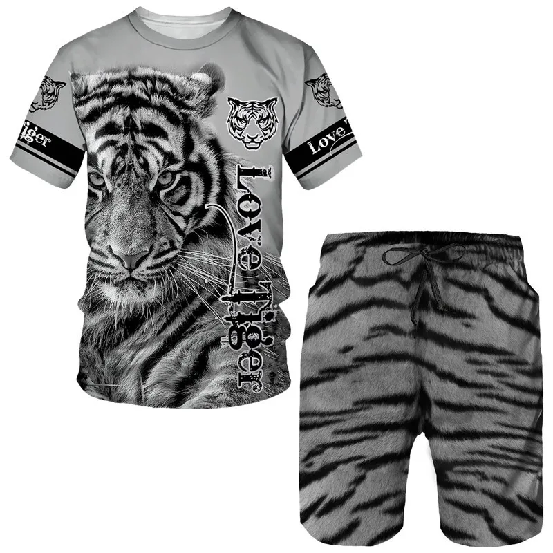 

Men's Tiger Kibg T-Shirt+Shorts Suit Animal 3D Printed Short Sleeve Tracksuit Set for Men Male Casual Sportswear Oversized Tees