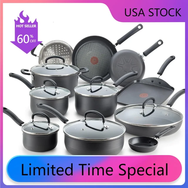 T-fal Ultimate Hard Anodized Nonstick Cookware Set 17 Piece Pots and Pans,  Dishwasher Safe Black