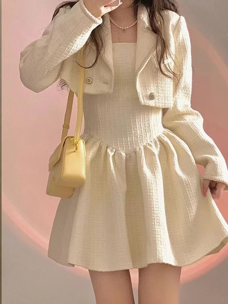 

Women Blazer Coat+Off Shoulder Mini Dress Set Autumn Elegant Two Piece Dress Set Lady Slim Solid Sexy Short Dress Suit 2023 Y2k