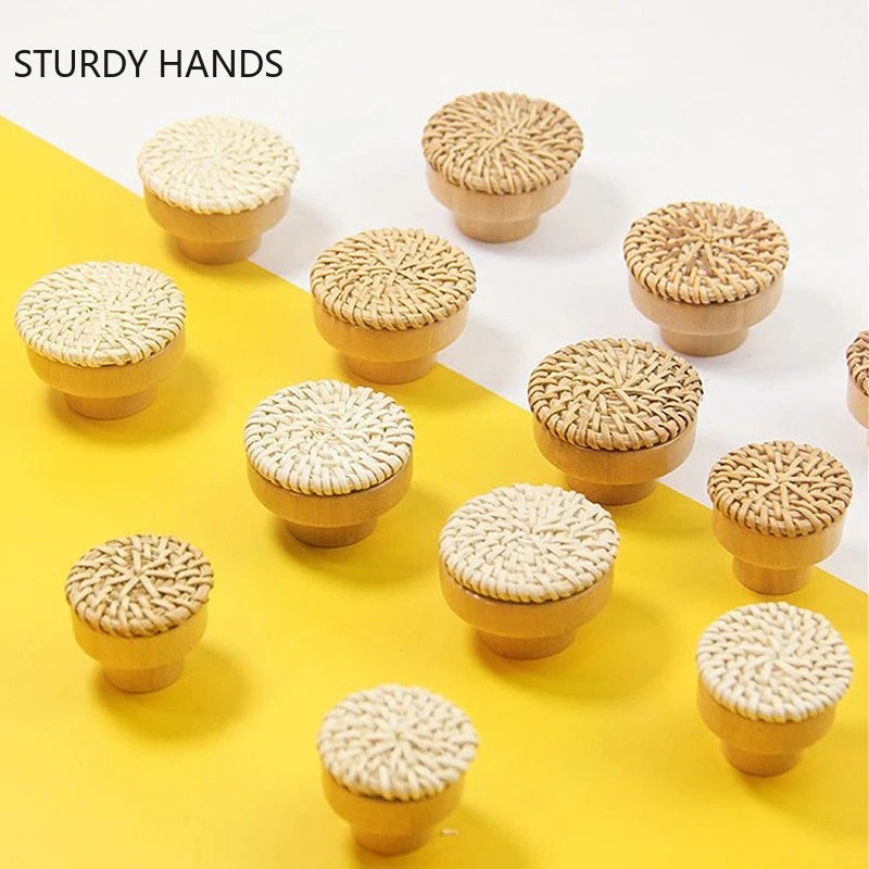 10pcs Round Solid Wooden Drawer Knobs Handmade Wicker Woven and Screws
