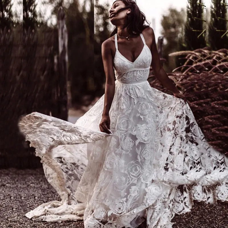 

Женское кружевное свадебное платье It's yiiya, белое длинное платье с V-образным вырезом, открытой спиной и Боковым Разрезом на лето 2022