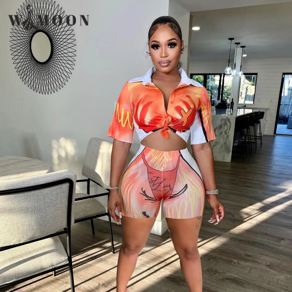

3D Body Printed Women 2 Piece Set Short Sleeve Lapel Sweatshirts Cycling Shorts Matching Set Fitness Y2k Sexy Outfit Tracksuit