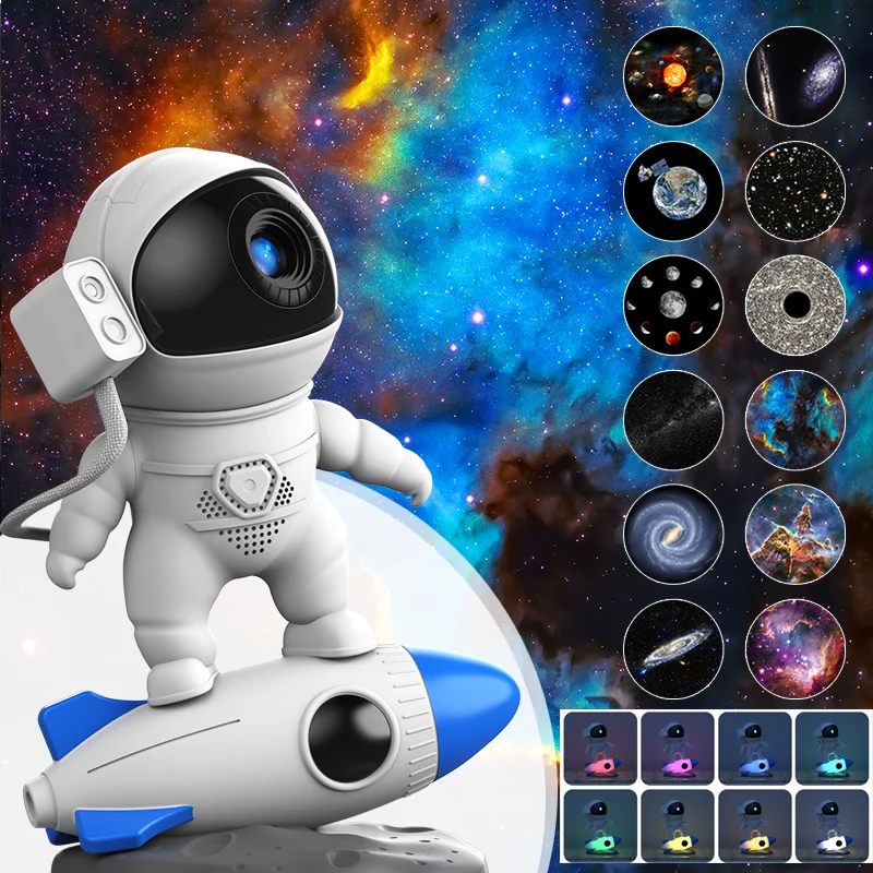 

360° Adjustable Rocket Astronaut Starry Projector, Home Planetarium Galaxy Nebula Projector Lamp for Kids Bedroom-13 Film Discs