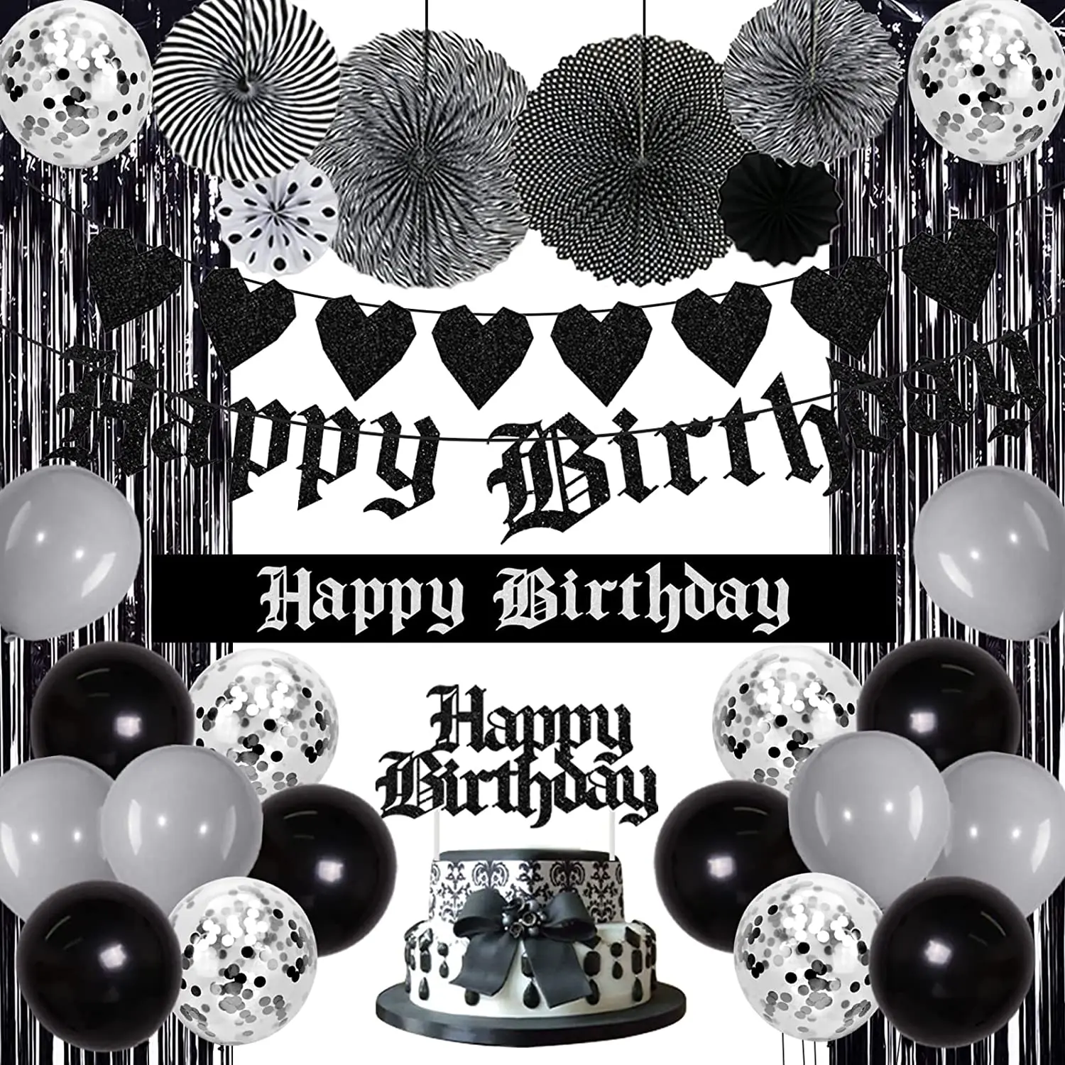 Décorations d'anniversaire gothiques pour hommes et femmes, fournitures de  fête d'anniversaire, banderole en forme de cœur, ceinture, ballons noirs,  rideau à franges - AliExpress, image size:1500x1500