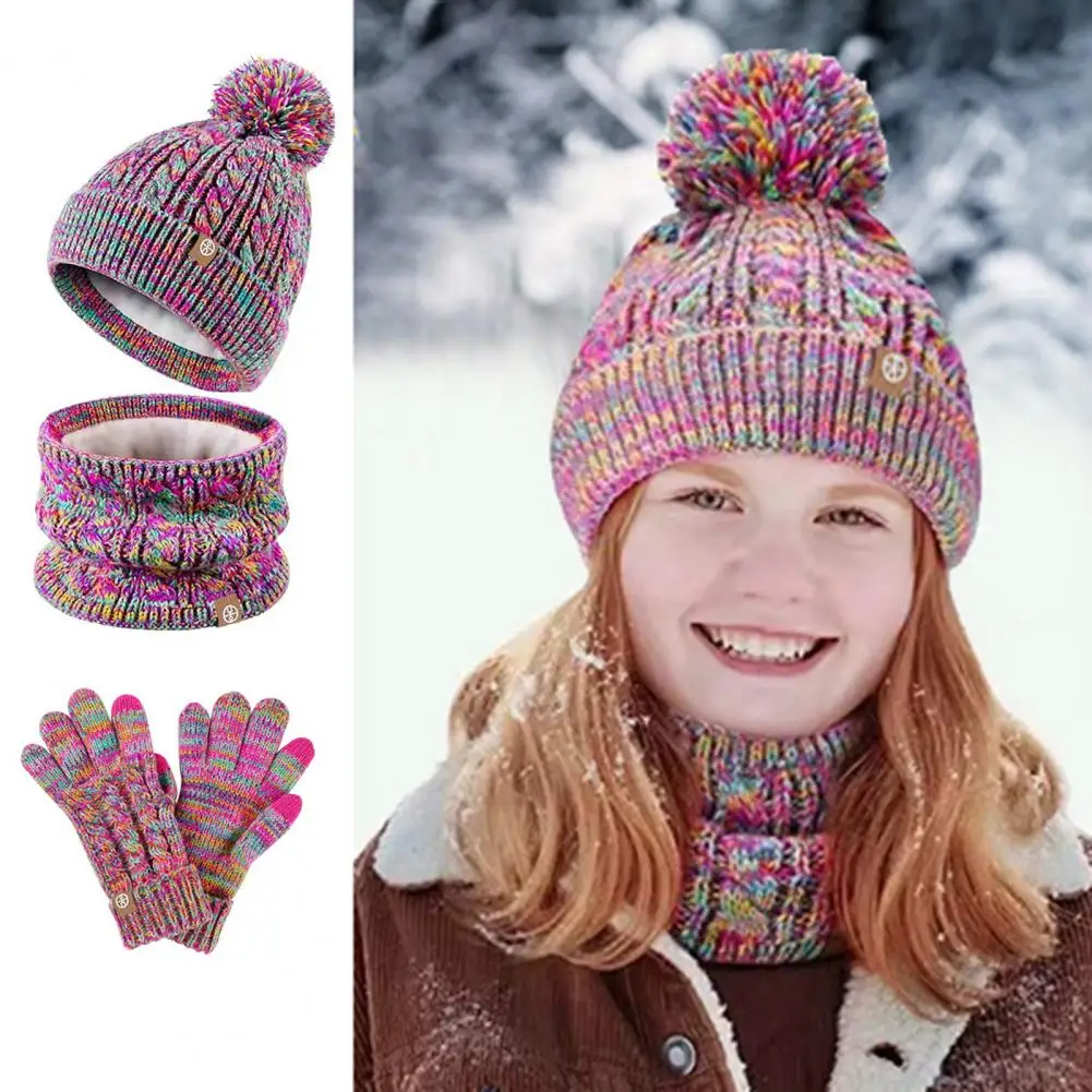 

Детская шапка-бини с помпоном, шарф, перчатки с закрытыми пальцами в комплекте, вязаная женская шапка, зимняя детская шапка, комплект перчаток с закрытыми пальцами
