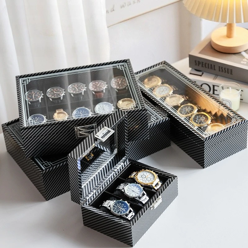 High-Gloss Carbon Fiber Watch Storage Box, Wristwatch and Bracelet Display Case, Large Capacity Watch Collection Box, Christmas