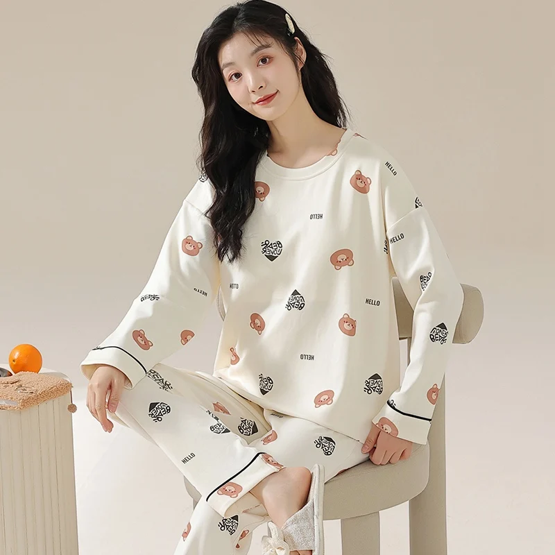 

2024 Spring Plus Size Long Sleeve Cotton Print Pajama Sets for Women Korean Cute Sleepwear Pyjamas Pijama Mujer Homewear Clothes