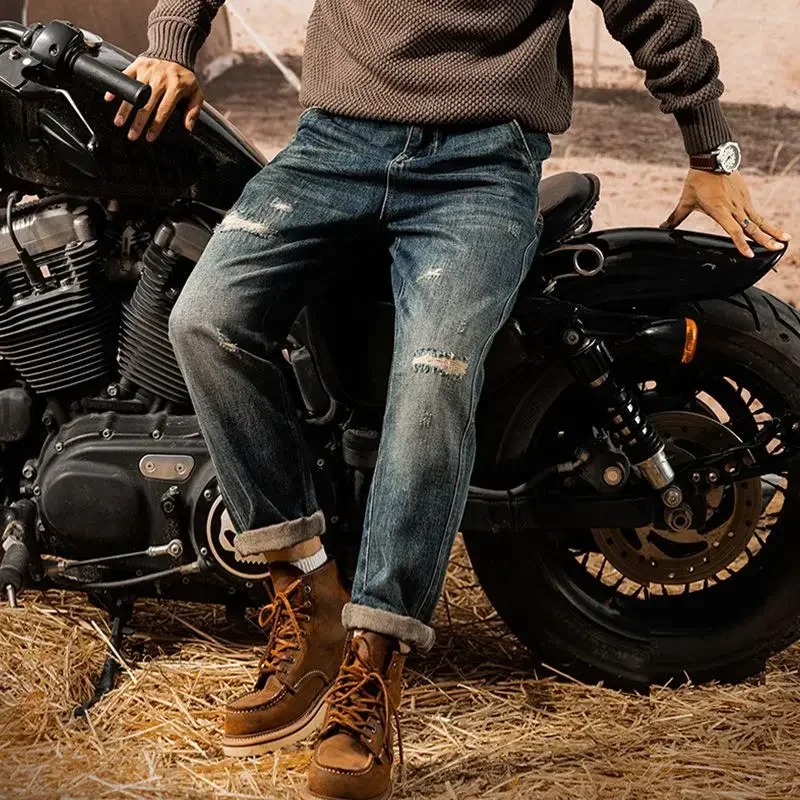 

Male Cowboy Pants with Pockets Jeans for Men Motorcycle Trousers Ripped Torn Holes Broken Loose 2024 Trend Free Shipping Denim