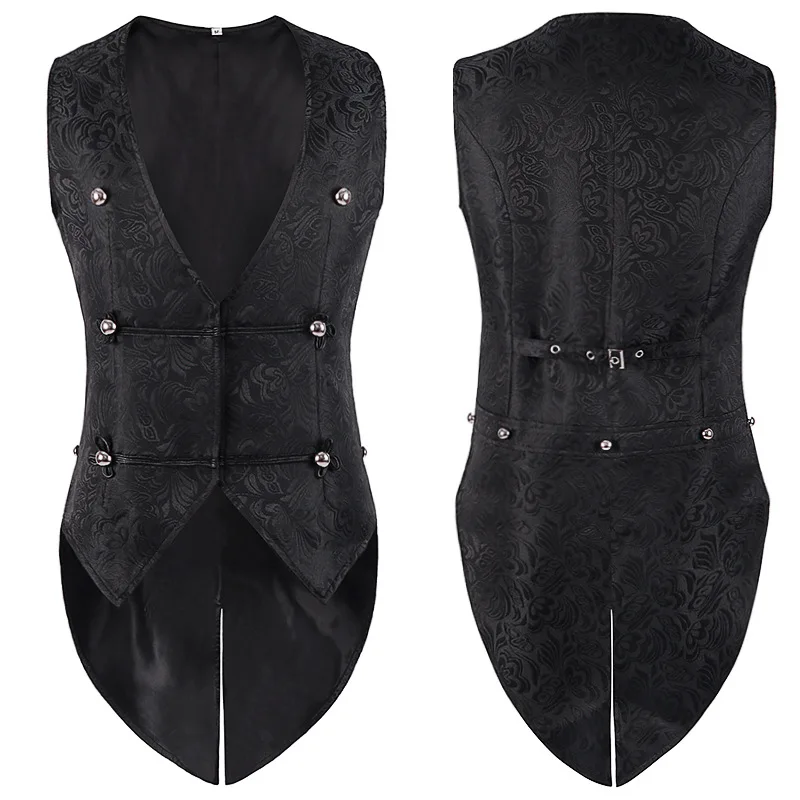 

Men Medieval Gothic Vest Jacquard Tailcoat Black Double-breasted Vintage V-neck Stage Party Steampunk Coat Halloween Jacket