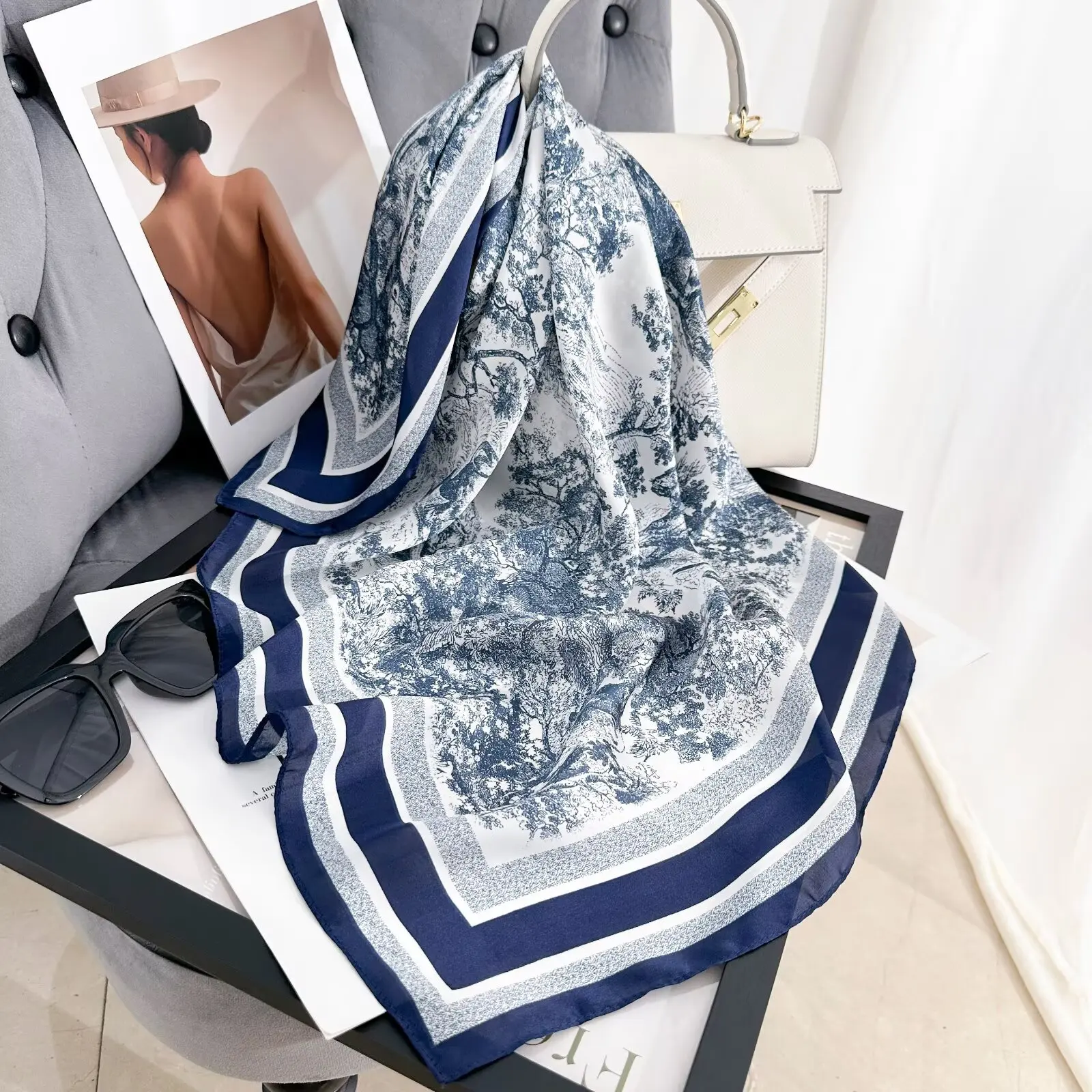 Summer 70cm Hair Print Silk Feeling Scarf For Women Fashion Flowers Neck Tie Hand Bag Foulard Wrist Kerchief Shawl Wraps Hajib