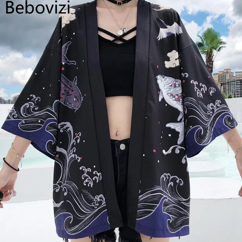 Bebovizi Japanese Fish Print Kimono Cardigan Harajuku Traditional Women Cosplay Yukata Female Obi Black Streetwear Haori Beach