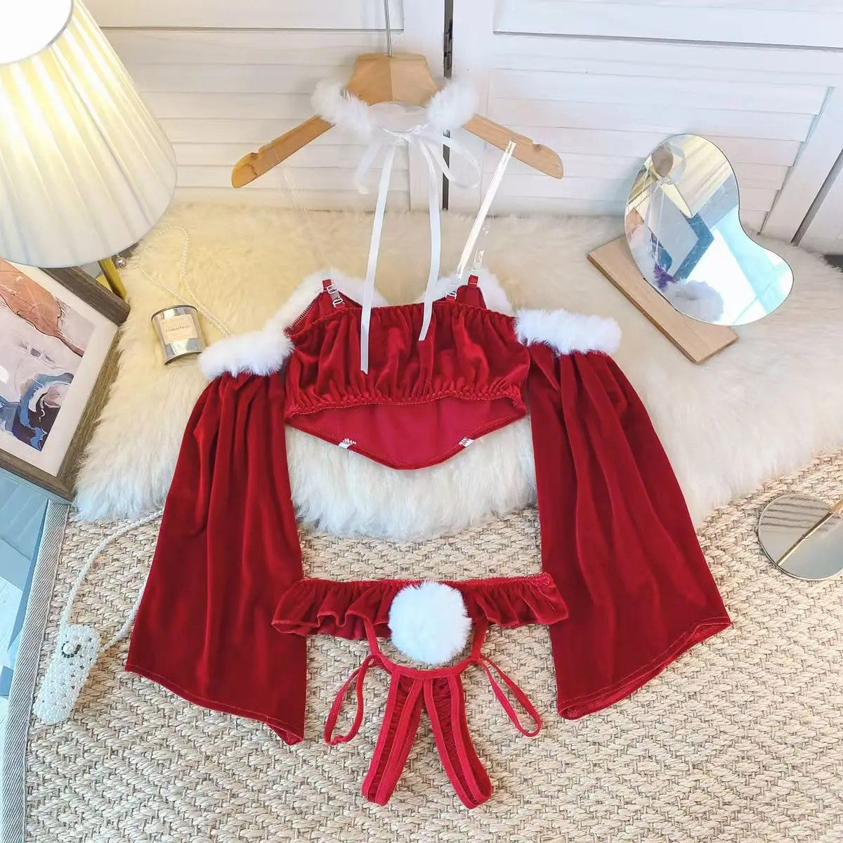 Sexy Strap Off Shoulder Petal Sleeve Patchwork Top With Ruffle Elastic Waist Shorts Erotic Women's Red Lingerie Slim Fit Pajamas