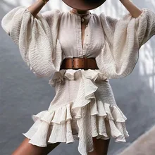 

Elegant Early Autumn Women New O Neck Lantern Sleeves Dress Casual Solid Color Thin Ruffled Dresses Office Lady Party Dresses