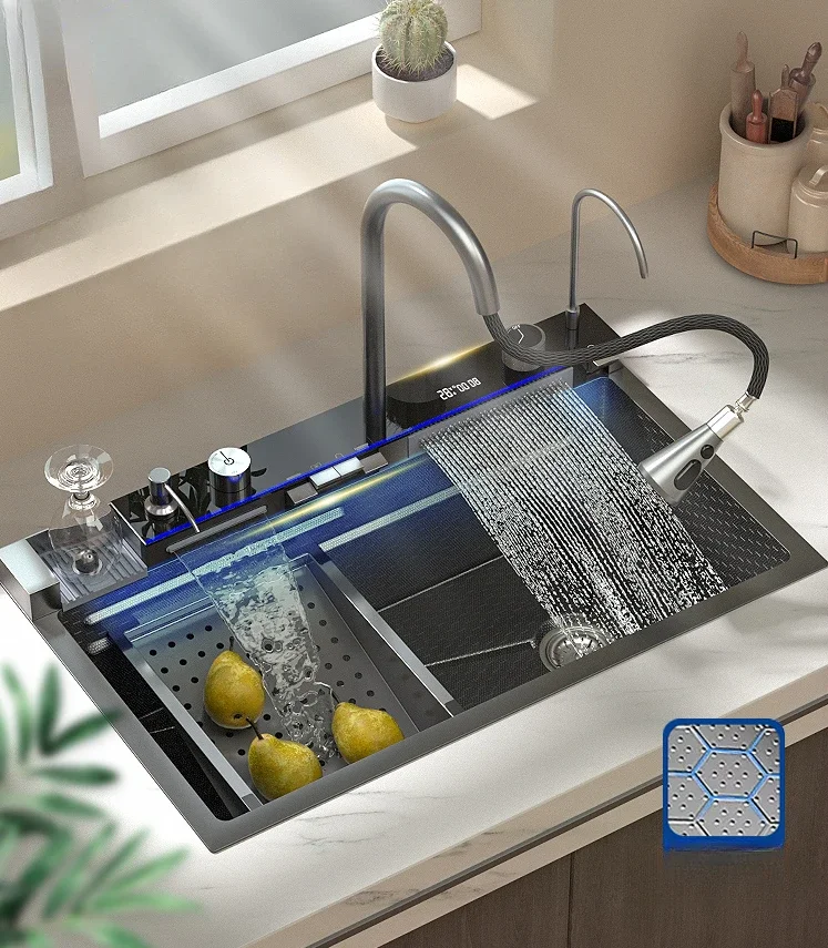 

Kitchen household waterfall large single tank digital display 304 stainless steel dish washing basin