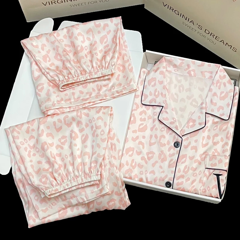 2024 Korean New Women's Three-piece Pajamas Fashion Design Print Spring Female Sleepwear Short Sleeve Shorts Long Pant Housewear