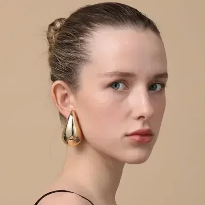 Fashion Gold Plated Chunky Dome Drop Earrings for Women Glossy Thick Teardrop Lightweight Hoops