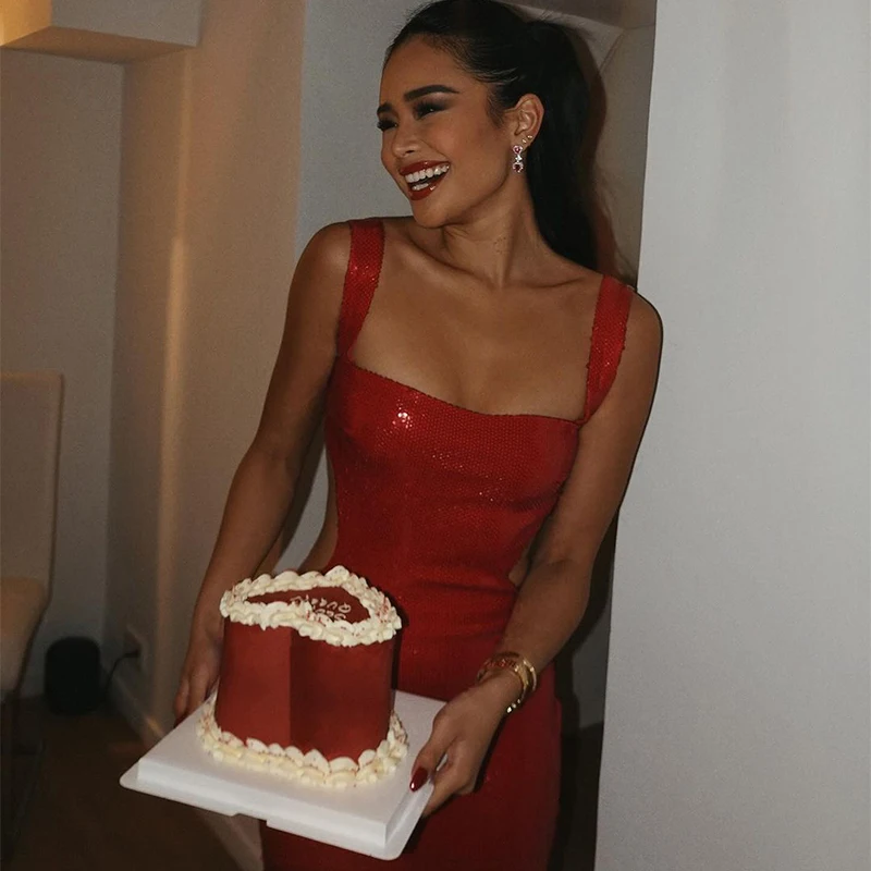 Sexy Square Neck Sling Long Dress Women Shinny Backless Hollow Out Sleeveless Slim Maxi Dresses New Lady Party Club Gowns ﻿